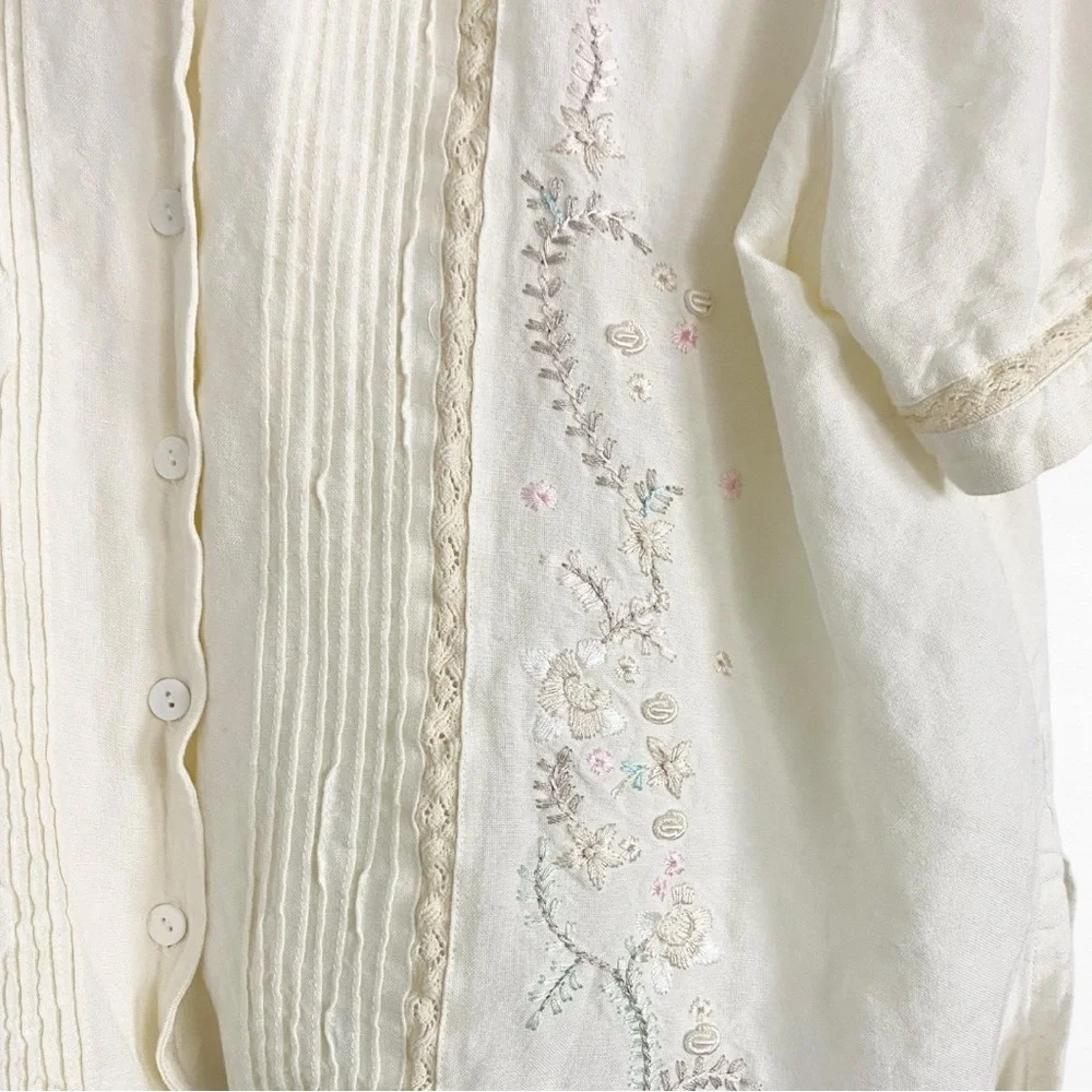 Positive Attitude | Oatmeal Embroidered Linen Blend Cropped Y2K Retro Shirt - Picture 4 of 8